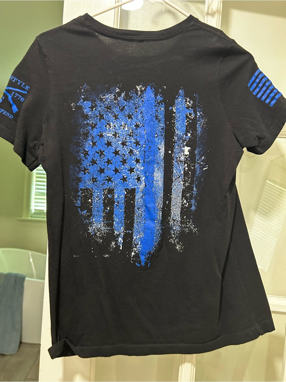 Women's Grunt Style Small Black Tee with Blue Distressed Flag Graphic